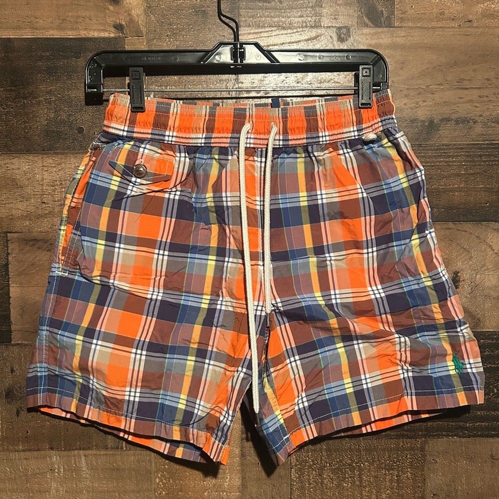 Orange and Blue Plaid swim trunks